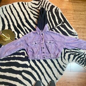 Cropped purple distressed denim jacket hoodie